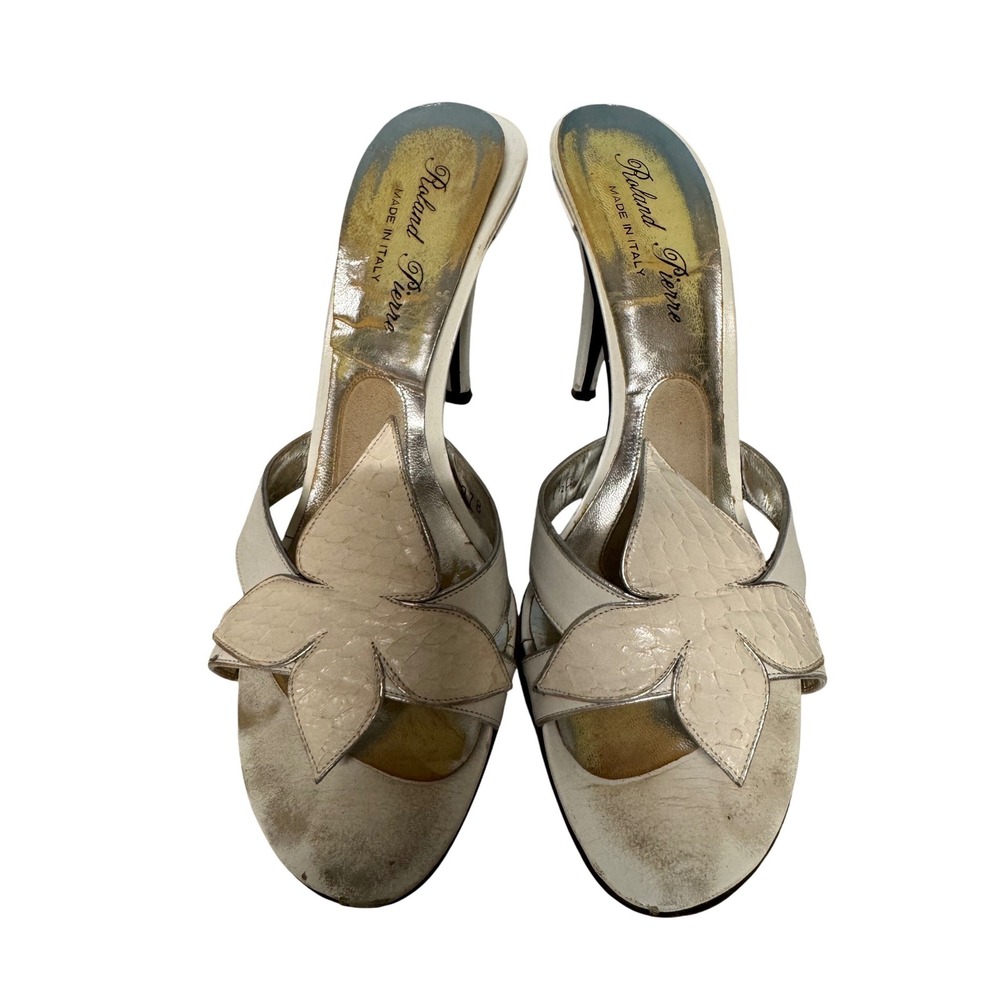 Roland Pierre Vintage White Leather Leaf Mules Heels Made in Italy Size 7.5B